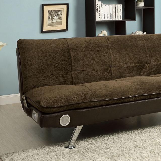 GALLAGHER Dark Brown/Chrome Futon Sofa w/ Bluetooth Speaker, Brown - Furniture Center (NY)