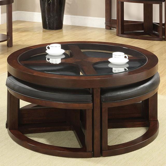 Crystal Cove II Dark Walnut Round Coffee Table w/ 4 Stools - Furniture Center (NY)