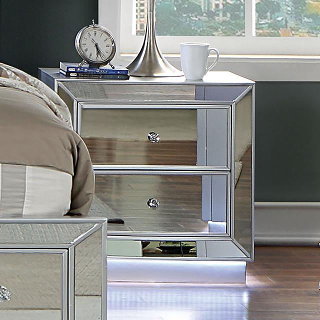 BELLADONNA Night Stand w/ LED & USB, Silver - Furniture Center (NY)