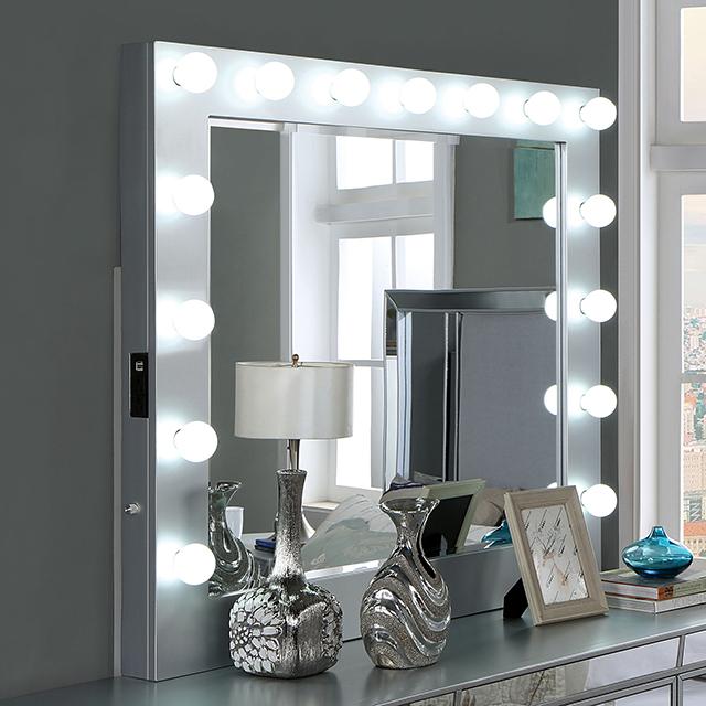 BELLADONNA Mirror w/ USB, Power, Light, Silver - Furniture Center (NY)