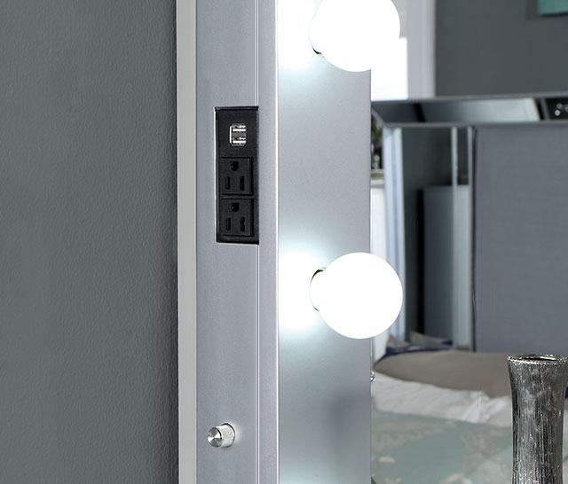 BELLADONNA Mirror w/ USB, Power, Light, Silver - Furniture Center (NY)